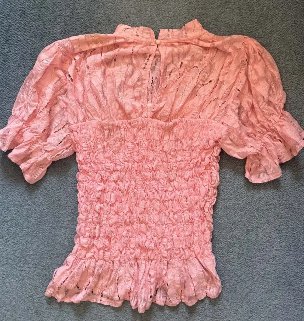 Free People Amour Lace Smocked Pink Mock Neck Short Sleeve Romantic Top S